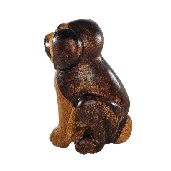 Vintage Wood Carved Dog Sitting Sculpture Folk Art 7 Inch Two Toned - Picture 6 of 8